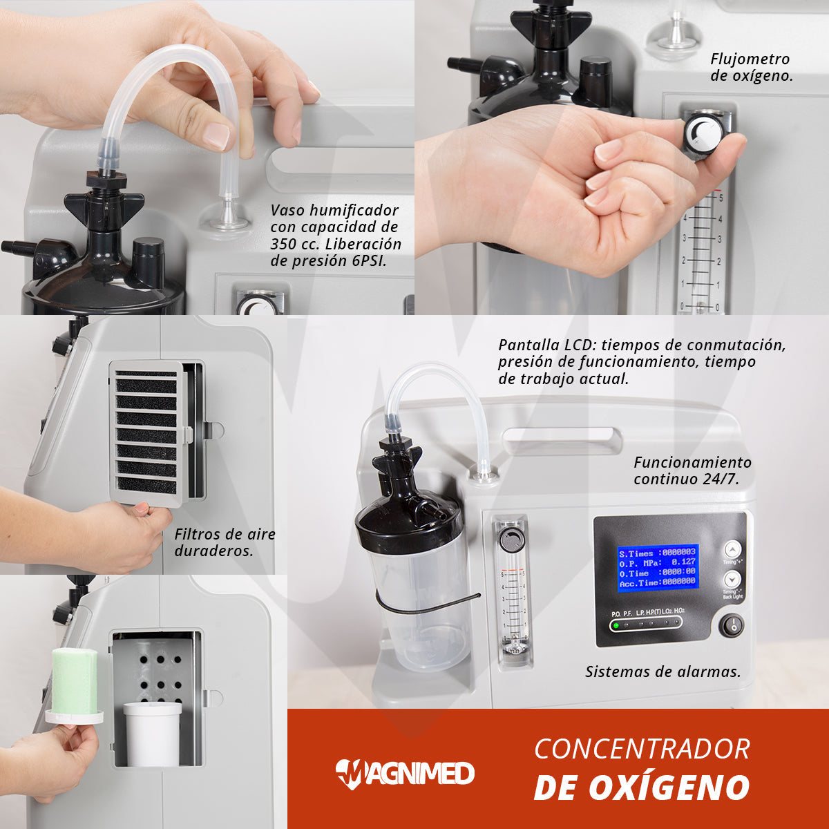 El filtro de aire en la entrada del concentrador ayuda a purificar el aire antes de que se convierta en oxígeno medicinal.