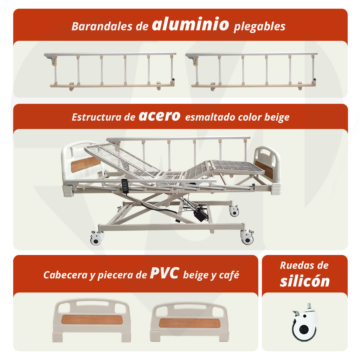 Cama de Hospital Eléctrica 3 Posiciones - Incluye Colchón Seccionado y Porta Suero