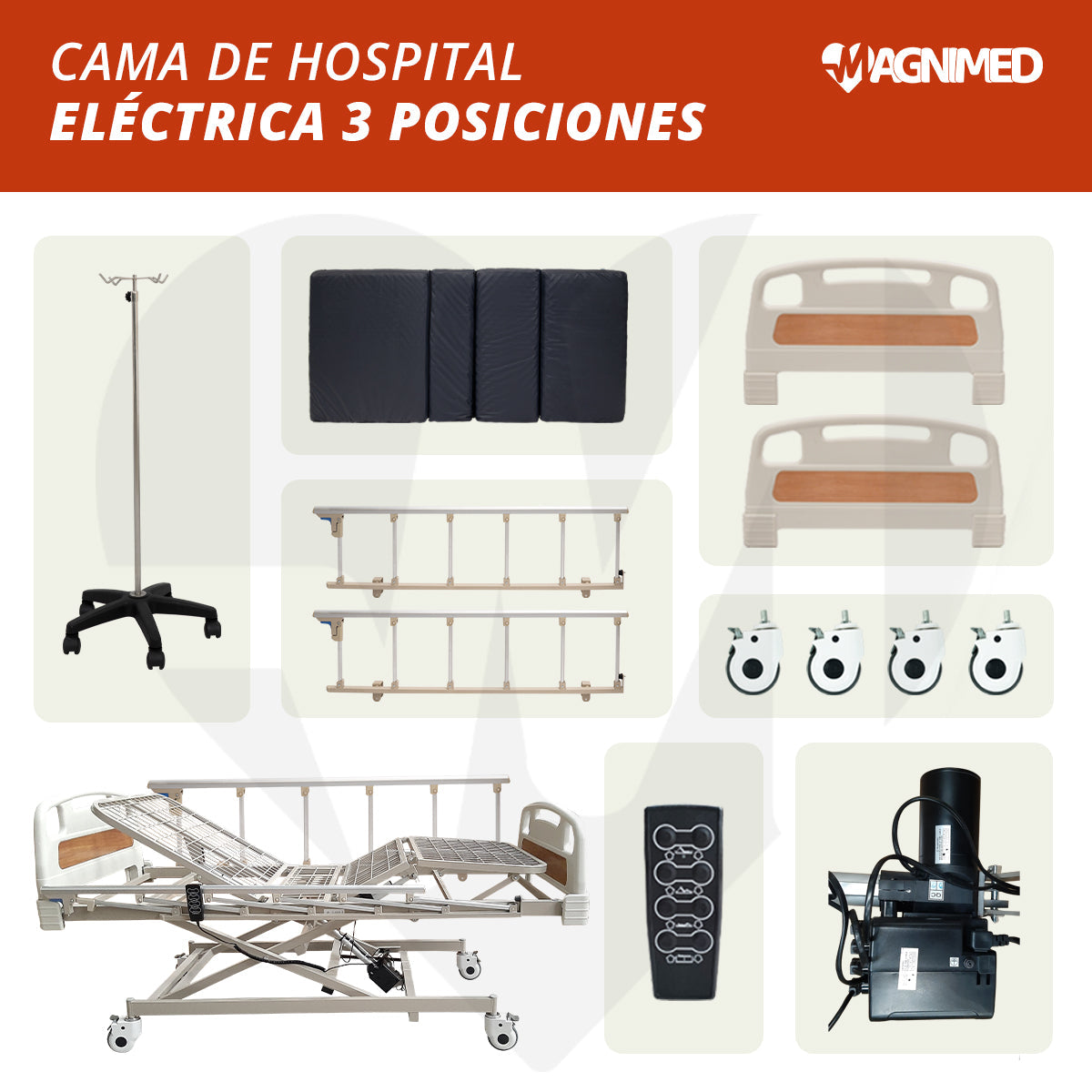 Cama de Hospital Eléctrica 3 Posiciones - Incluye Colchón Seccionado y Porta Suero