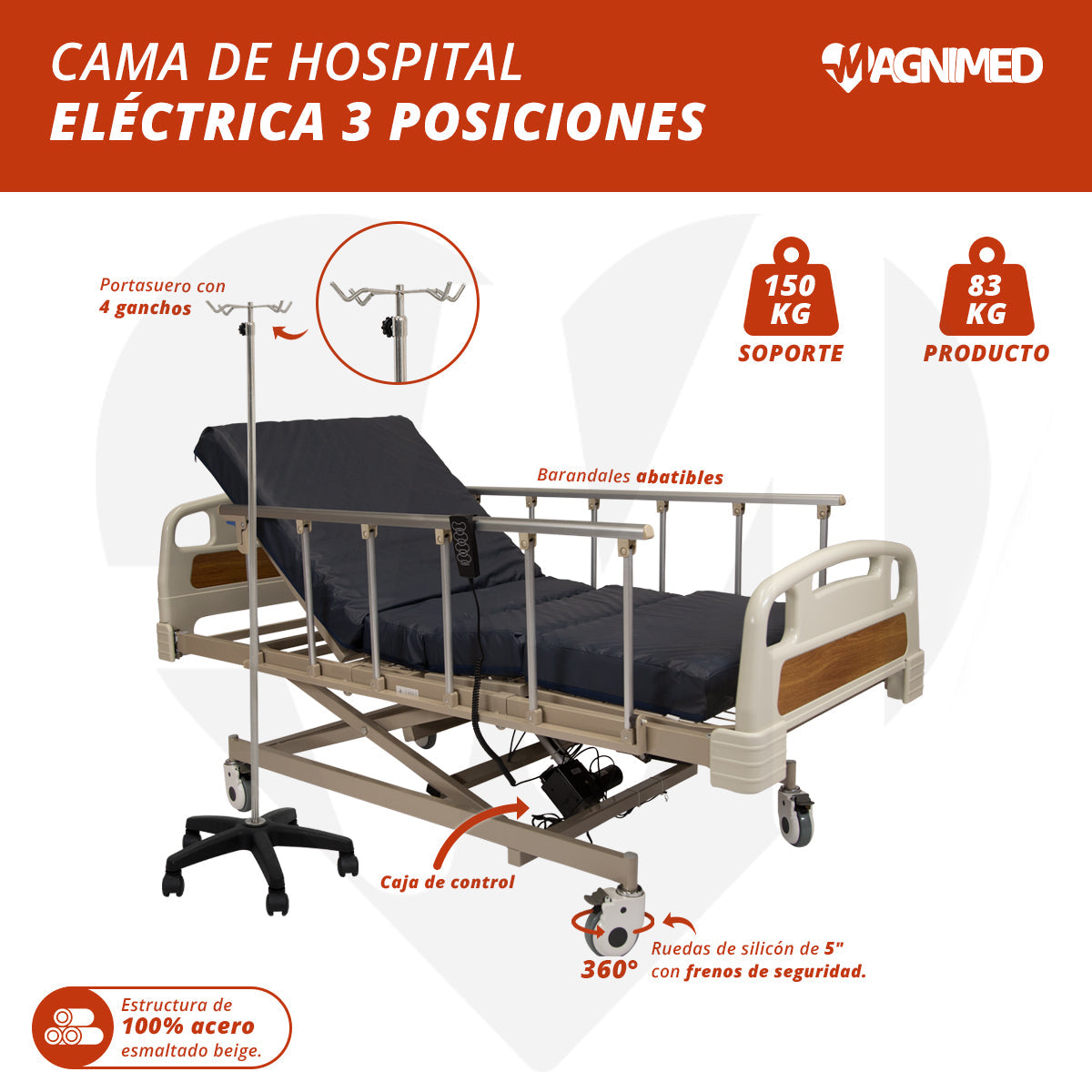 Cama de Hospital Eléctrica 3 Posiciones - Incluye Colchón Seccionado y Porta Suero