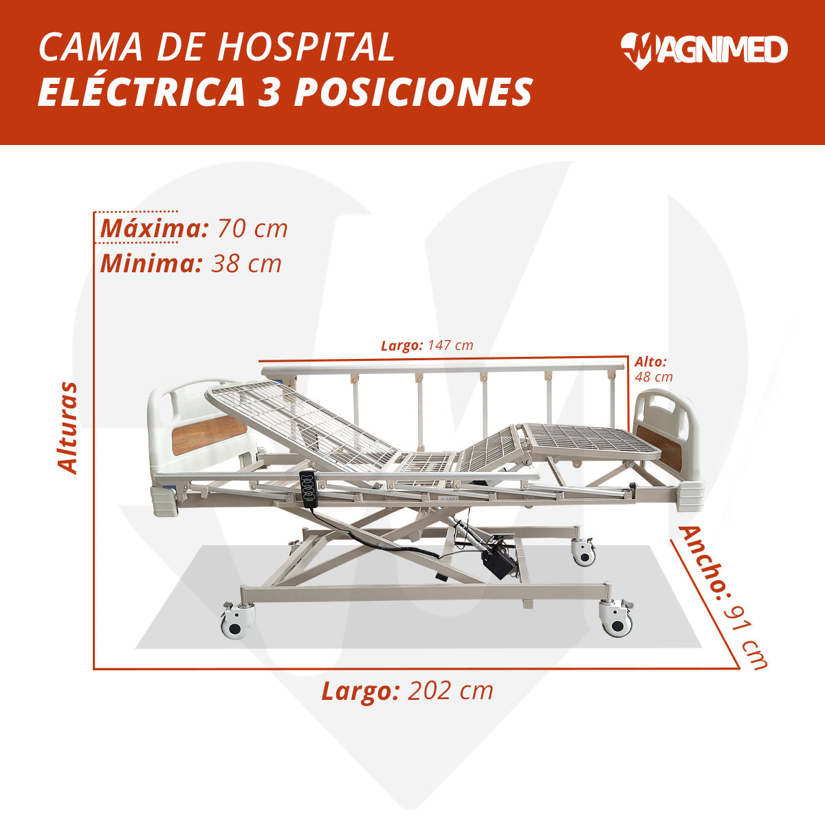 Cama de Hospital Eléctrica 3 Posiciones - Incluye Colchón Seccionado y Porta Suero