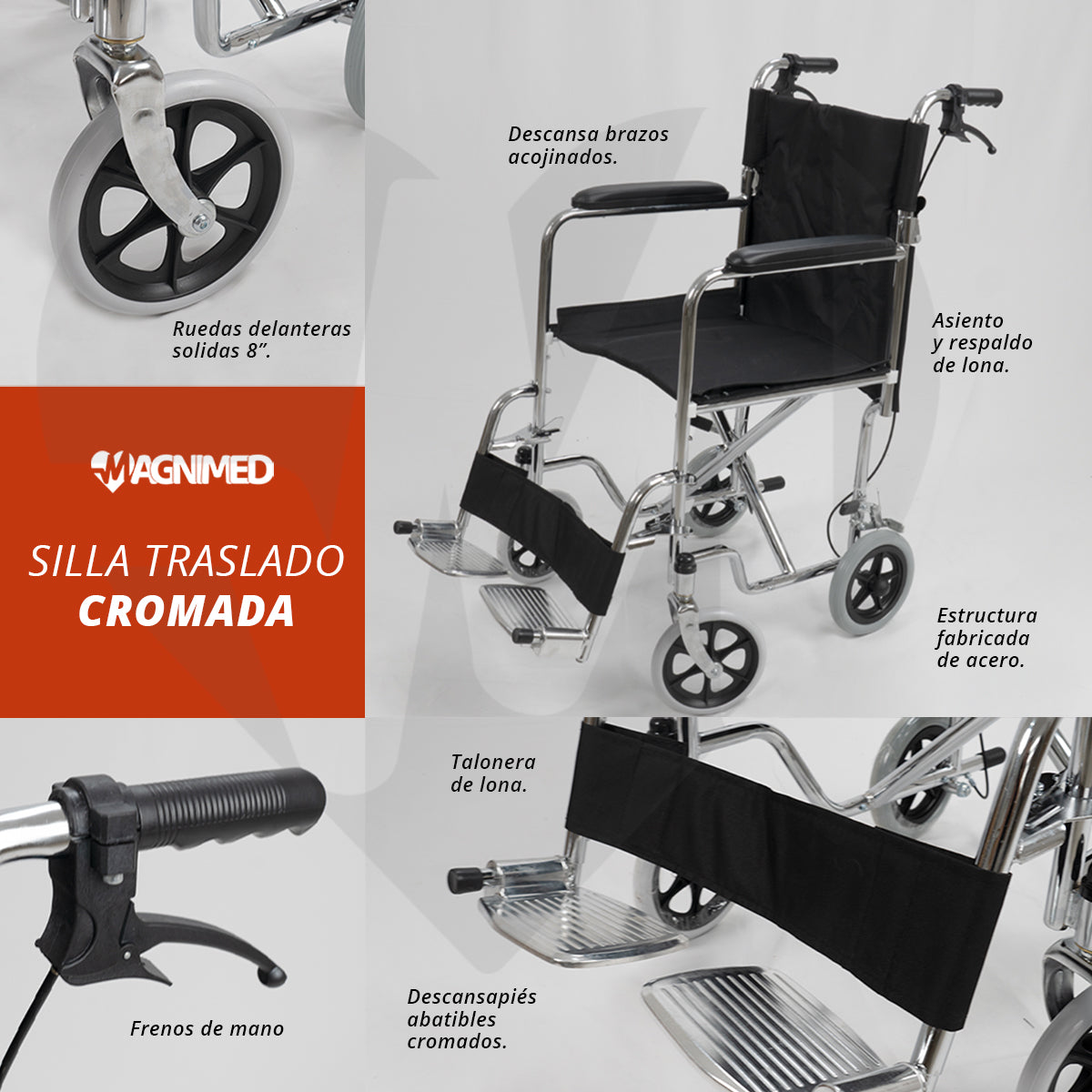 Silla de traslado cromada con frenos - ligera