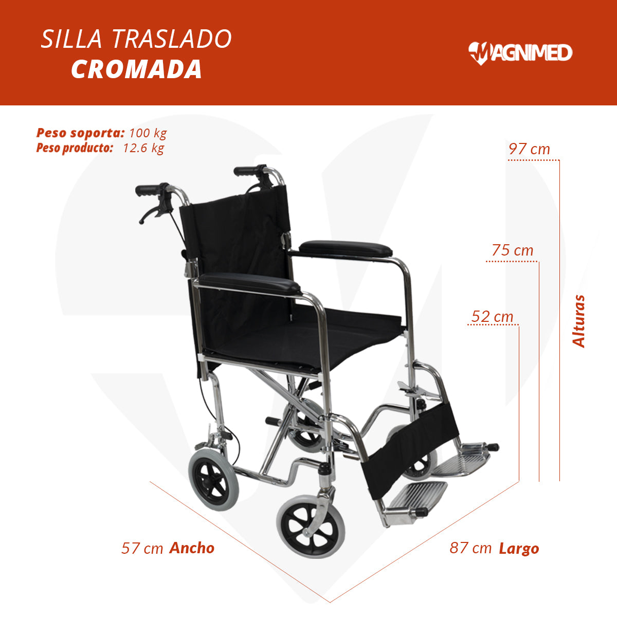 Silla de traslado cromada con frenos - ligera