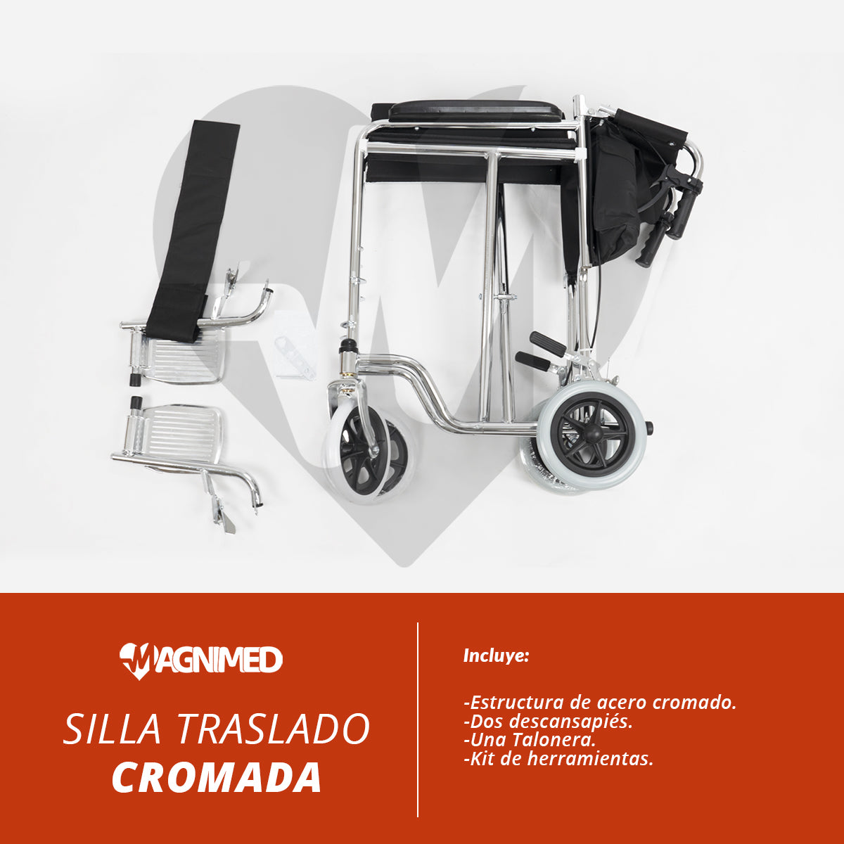 Silla de traslado cromada con frenos - ligera