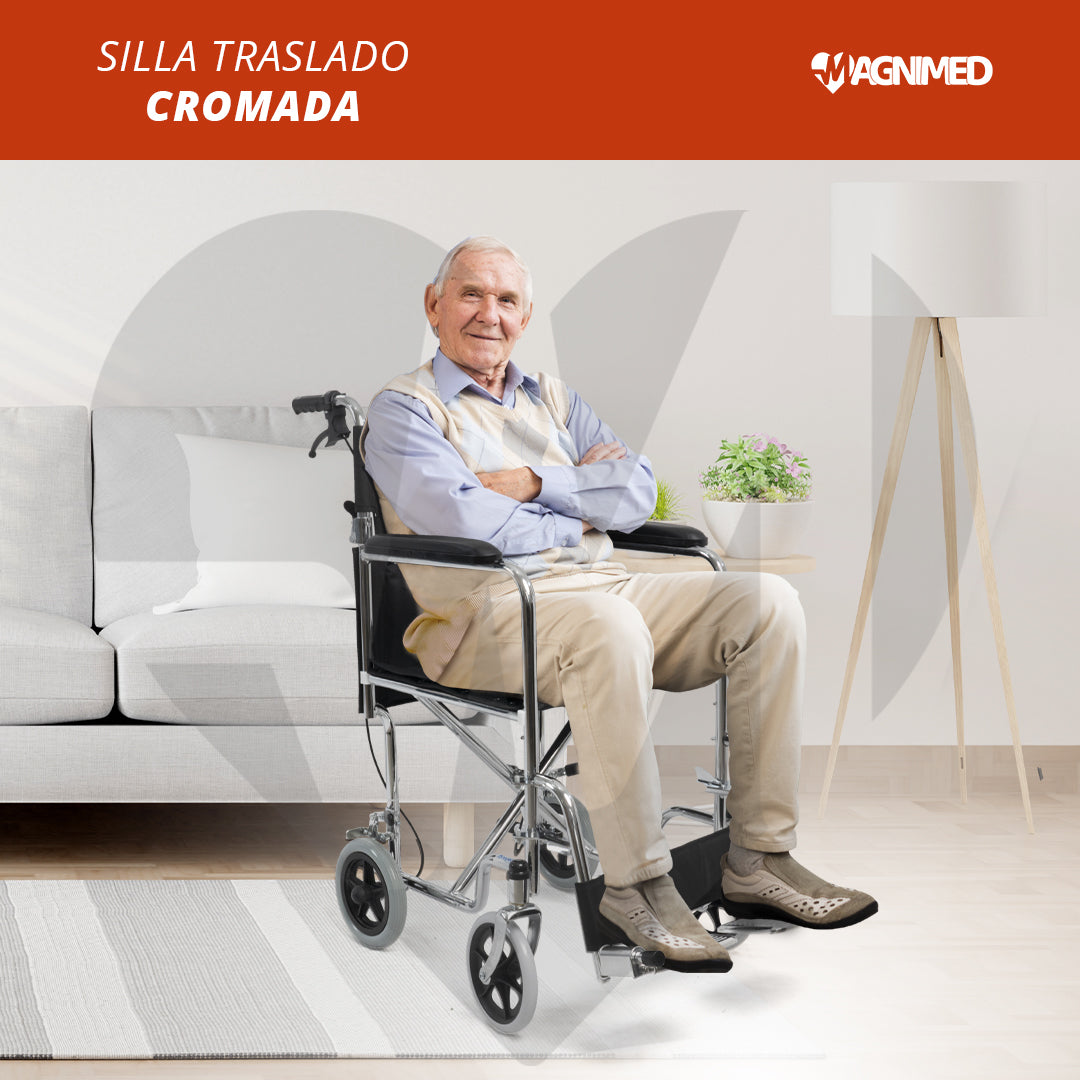Silla de traslado cromada con frenos - ligera